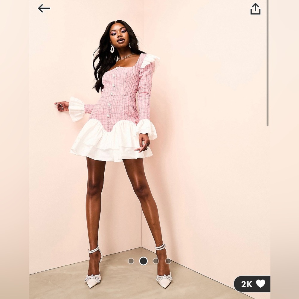 ASOS LUXE boucle mini dress with poplin tiered skirt in pink
PINK